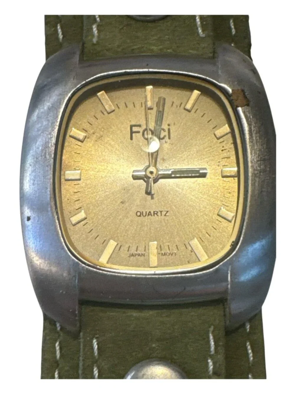 Foci Quartz Watch With Green Suede Band & Gold Dial Vintage Look